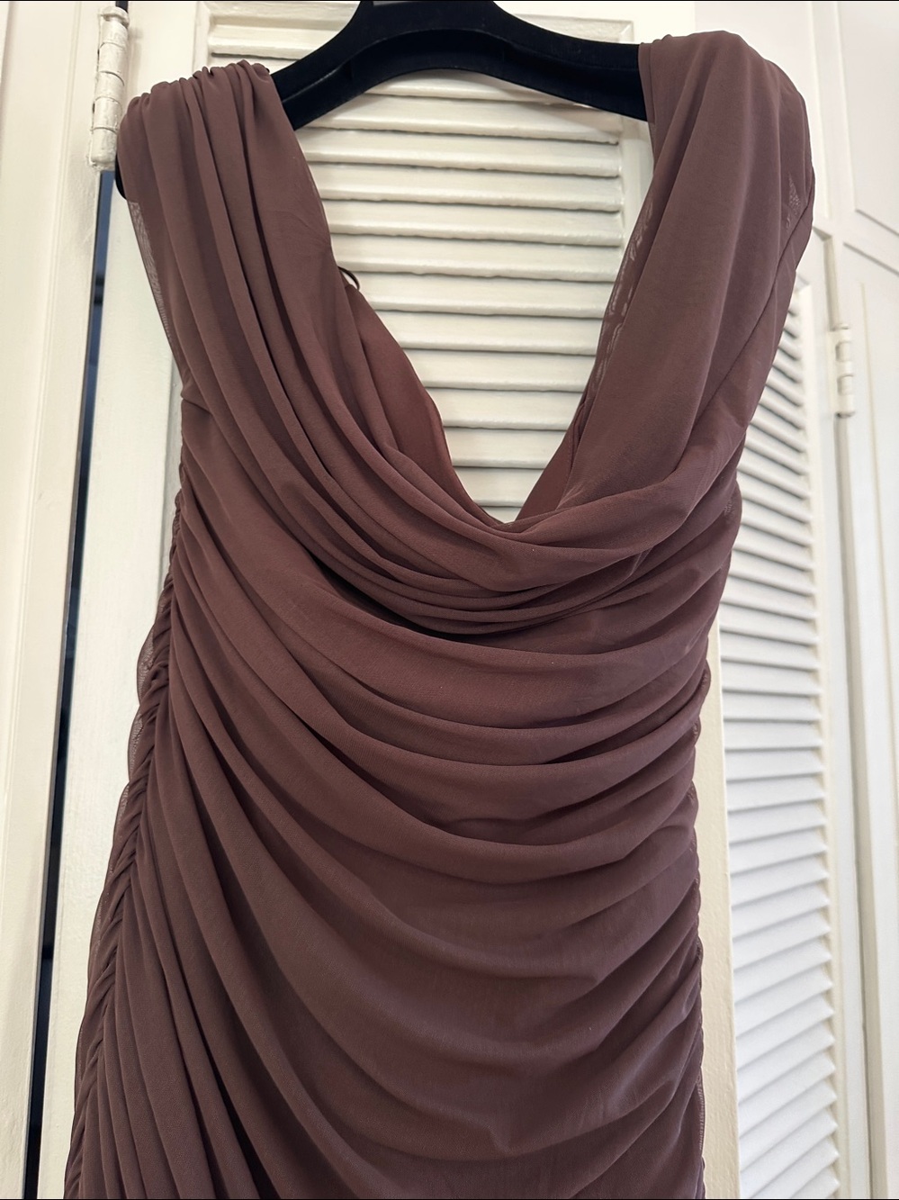 Zara Sleeveless off shoulder Draped Mini Dress in Chocolate Brown - Picture 2 of 8